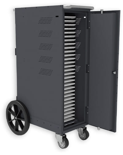Secure school tablet charging cart with open door showing storage slots
